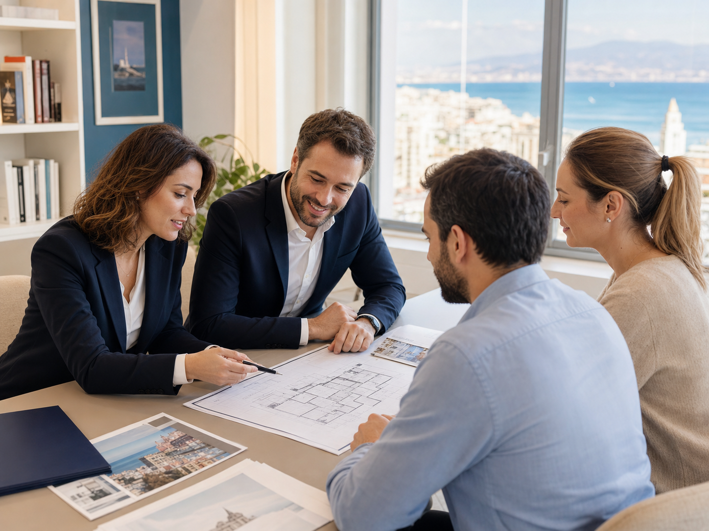 Consulenti immobiliari e clienti durante un incontro in agenzia